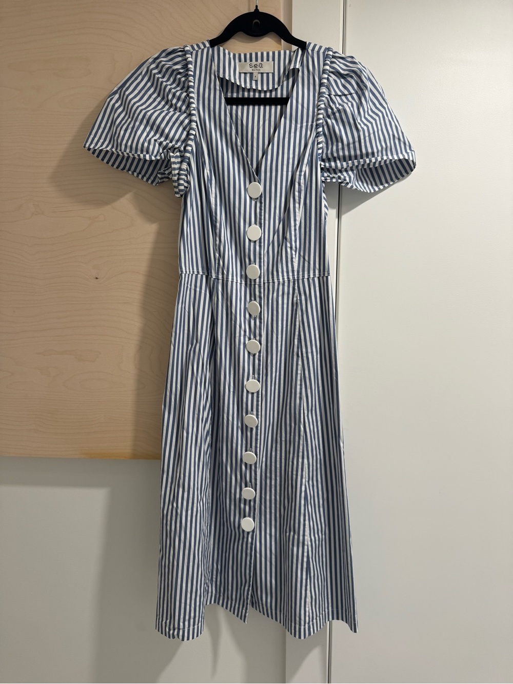 Sea Blue & White Striped Button-Front Midi Dress 4